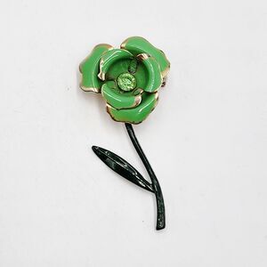 Vintage Kelly Green Flower Rhinestone Center Enameled Metal Brooch Pin 60's